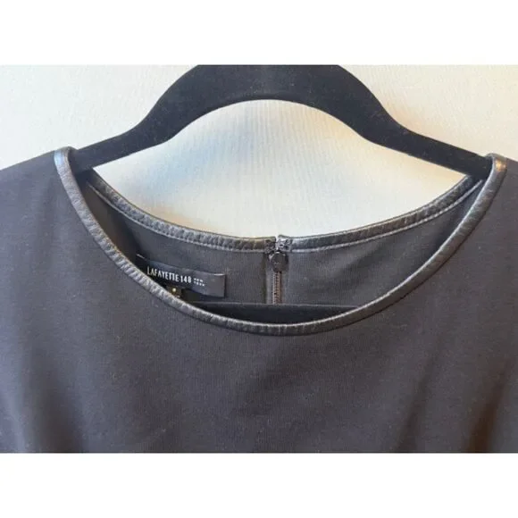 Lafayette 148 NY Black Sheath Dress Real Leather Stripe Detail Size 8 Cocktail - Picture 5 of 9